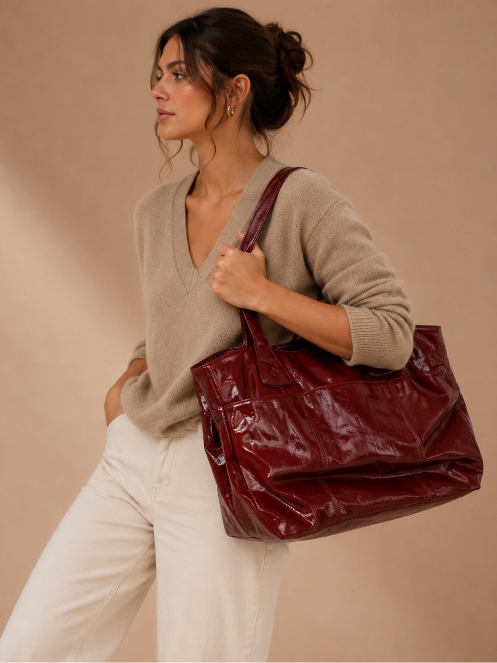 Singrid Olsen Burgundy Patent Leather Shoulder Tote Bag Glossy Leather Everyday